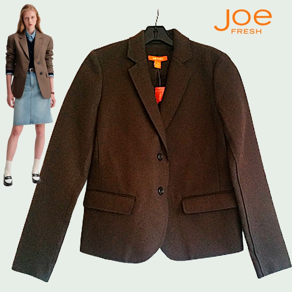 JOE FRESH Wool Blend Minimalist Fitted Brown Blazer Jacket Size 2 NWT